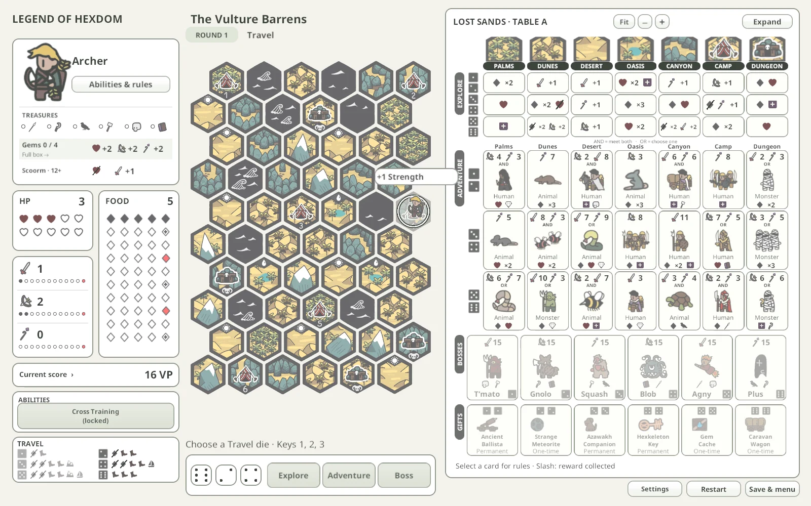 The Lost Sands Digital map, with desert hexes, illustrated character sheets, and dice.