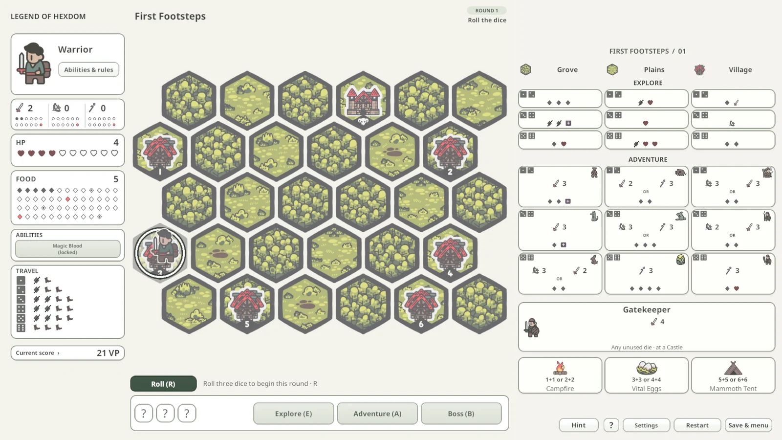 First Footsteps introductory Digital map, showing a Warrior, a small forest map, dice, and encounters.