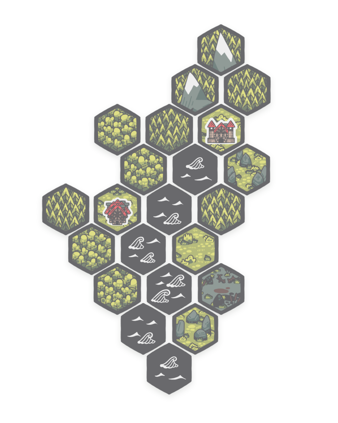 The original Hexdom illustrations: a winding chain of forest, river, mountain, village, and castle hexes.
