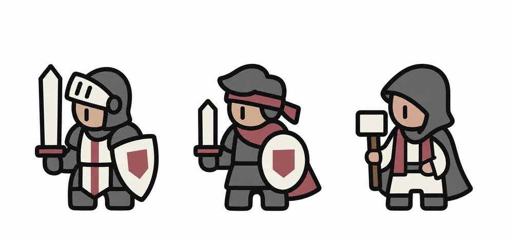 Three Iron Compact adventurers with swords, shields and a hammer.