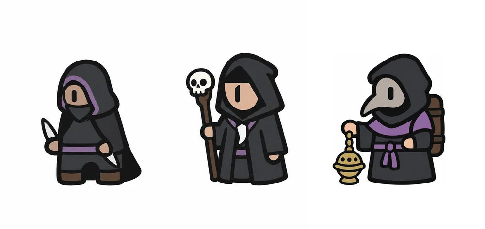 Three Shadow Pact adventurers: a hooded rogue, necromancer and plague-mask character.