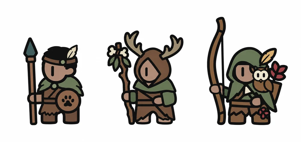 Three Wild Covenant woodland adventurers with a spear, antlers and a bow.