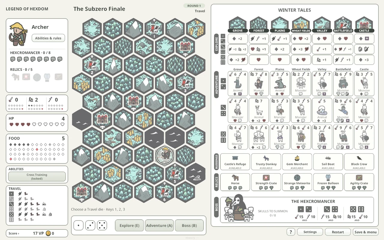 Winter Tales Digital gameplay, with an icy blue hex map and illustrated character and encounter sheets.